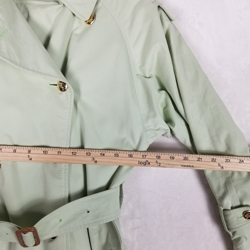 Burberrys Trench Coat Womens 4 X-Long Sage Green Gold Crest Button Belted Vtg - Picture 11 of 13